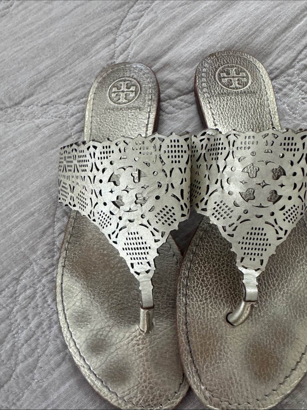 Tory Burch Metallic Gold Laser-Cut Thong Sandals